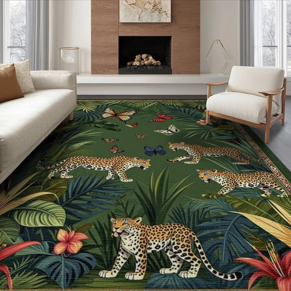 ODIKA 8'x10' Washable Area Rug Non-Slip Chair-Friendly Mat Jungle Insect Wildlife Scatter Motif Patterned Motifs Eclectic for Dining Room, Large Office, Lounge