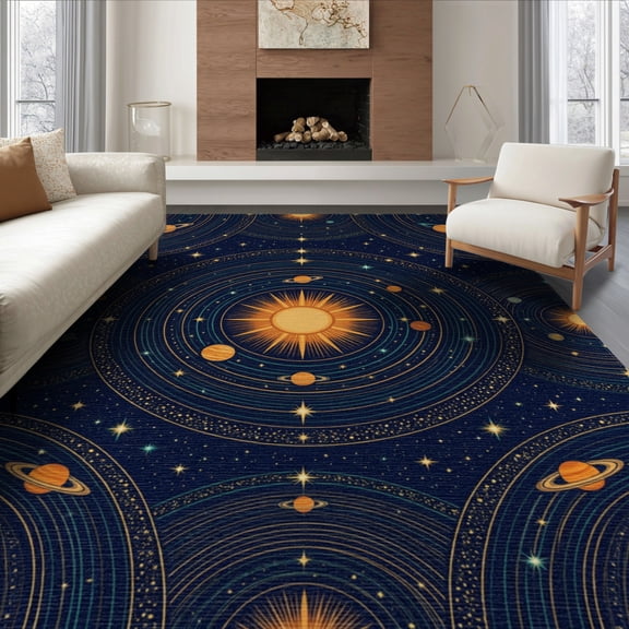 ODIKA 8'x10' Washable Area Rug Non-Slip Chair-Friendly Mat Large Galaxy Astronomy Theme Decorative Planetary Ring Planets for Dining Room, Office, Lounge