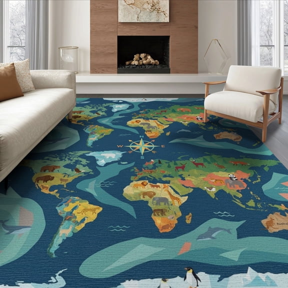ODIKA 8'x10' Washable Area Rug Non-Slip Chair-Friendly Mat Large Map Is Geometric Showcasing Directional Playroom for Dining Room, Office, Lounge