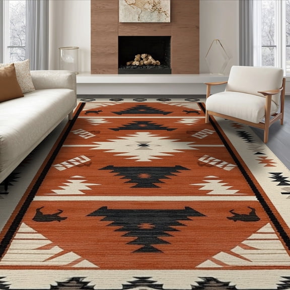 ODIKA 8'x10' Washable Area Rug Non-Slip Chair-Friendly Mat Large Southwestern Motif Livingroom Neutral Wildlife Cabin Border for Dining Room, Office, Lounge