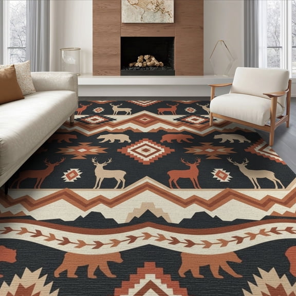 ODIKA 8'x10' Washable Area Rug Non-Slip Chair-Friendly Mat Livingroom Neutral Wildlife Cabin Border Large Southwestern Motif Playful for Dining Room, Office, Lounge