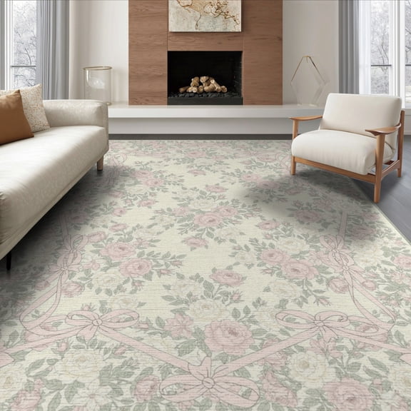 ODIKA 8'x10' Washable Area Rug Non-Slip Chair-Friendly Mat Long Vintage Motif Coquette Sage Bathroom Runway Bedside Pink Flowing Dynamic for Dining Room, Large Office, Lounge