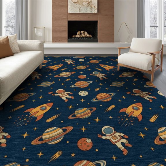 ODIKA 8'x10' Washable Area Rug Non-Slip Chair-Friendly Mat Map Astronaut Rocket Motifs Starry Nebula Themed Galaxy Playful Expressive for Dining Room, Large Office, Lounge