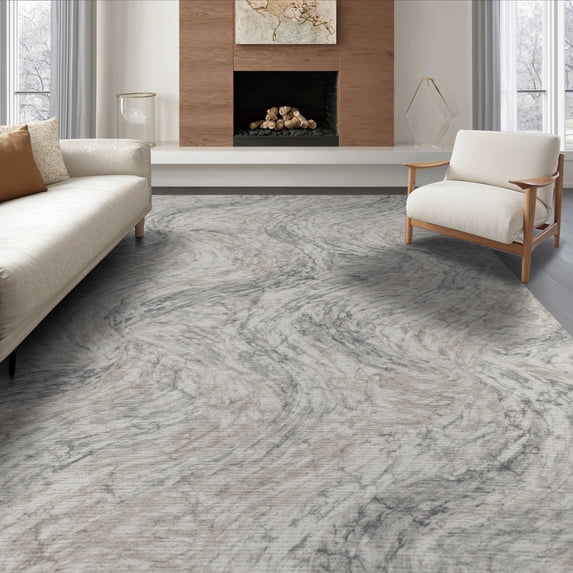 ODIKA 8'x10' Washable Area Rug Non-Slip Chair-Friendly Mat Marble Minimalist Swirl With Modern Interlocking Vein Accents Abstract Flowing for Dining Room, Large Office, Lounge