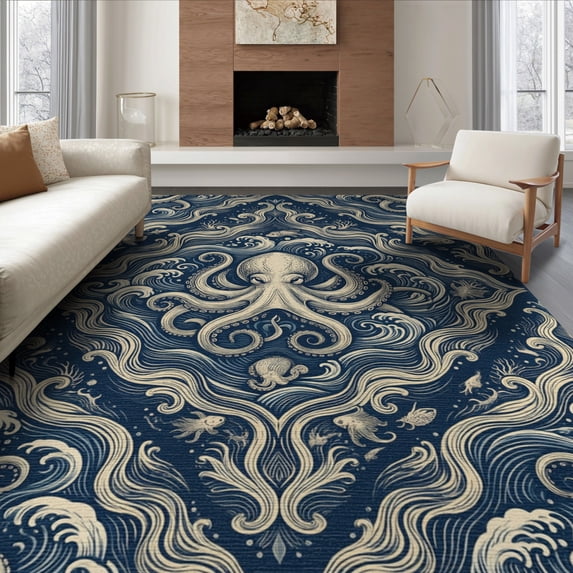 ODIKA 8'x10' Washable Area Rug Non-Slip Chair-Friendly Mat Maritime Octopus Tentacle Curling Wave Nautical Border Motif for Dining Room, Large Office, Lounge