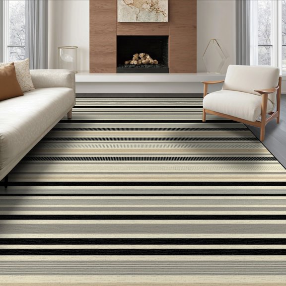 ODIKA 8'x10' Washable Area Rug Non-Slip Chair-Friendly Mat Modern Farmhouse With Reversible Boho Banded Accents Striped Flowing Dynamic for Dining Room, Large Office, Lounge