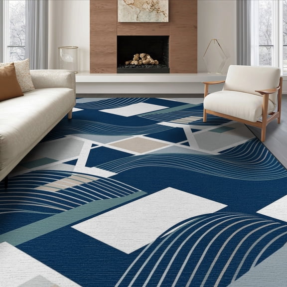 ODIKA 8'x10' Washable Area Rug Non-Slip Chair-Friendly Mat Modern Interlocking Shapes With Minimalist Wave Motif Abstract Flowing Dynamic for Dining Room, Large Office, Lounge