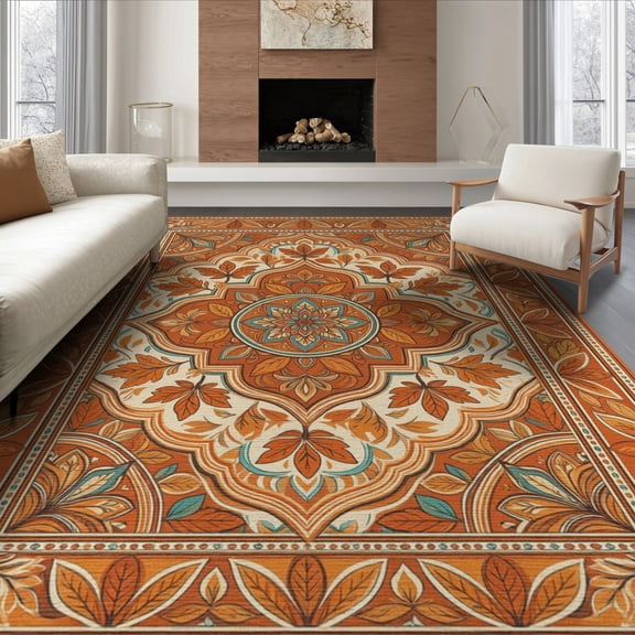 ODIKA 8'x10' Washable Area Rug Non-Slip Chair-Friendly Mat Mosaic Boho Butterfly Bedside Sunflower Pink Mid Vinyl Orange Refined Structured for Dining Room, Large Office, Lounge