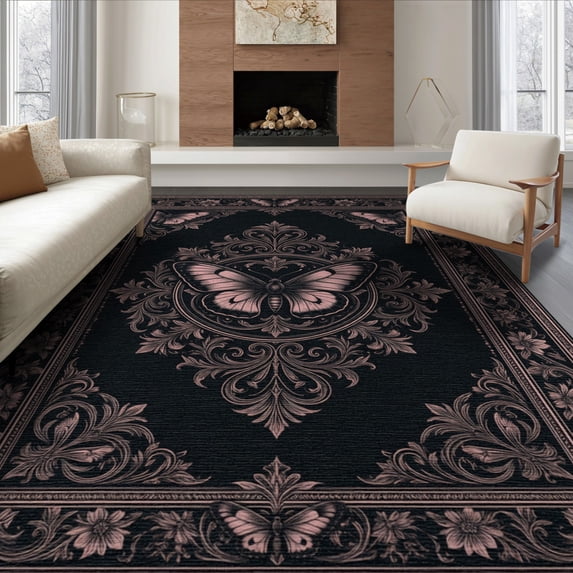 ODIKA 8'x10' Washable Area Rug Non-Slip Chair-Friendly Mat Moth Butterfly Distressed Scrollwork Shaped Pink Gothic Vintage Refined for Dining Room, Large Office, Lounge