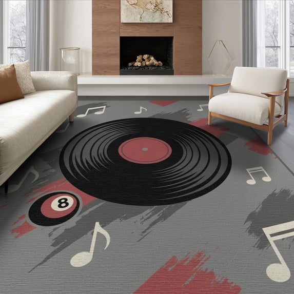 ODIKA 8'x10' Washable Area Rug Non-Slip Chair-Friendly Mat Music Contemporary Note Record Player Showcasing Sound Sphere for Dining Room, Large Office, Lounge