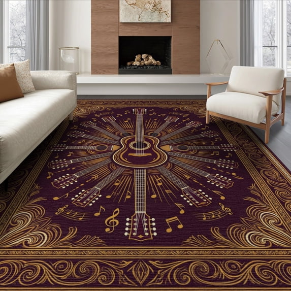 ODIKA 8'x10' Washable Area Rug Non-Slip Chair-Friendly Mat Music Notes Boho Vintage Border Retro Acoustic Motif Guitar Print Refined for Dining Room, Large Office, Lounge