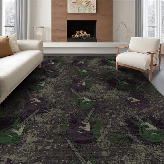 ODIKA 8'x10' Washable Area Rug Non-Slip Chair-Friendly Mat Music Notes Grunge Hip Repeating Rock Motif Vintage Distressed Guitar Flowing for Dining Room, Large Office, Lounge