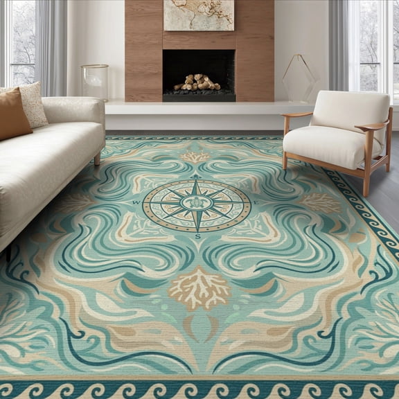 ODIKA 8'x10' Washable Area Rug Non-Slip Chair-Friendly Mat Nautical Compass Center Map Wave Border Coral Ocean Turtle Main Playful for Dining Room, Large Office, Lounge