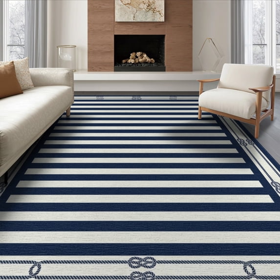 ODIKA 8'x10' Washable Area Rug Non-Slip Chair-Friendly Mat Nautical Layered Border Front Doormat Stripe Welcome Striped Door Playful for Dining Room, Large Office, Lounge