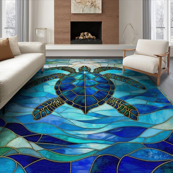 ODIKA 8'x10' Washable Area Rug Non-Slip Chair-Friendly Mat Nautical Turtle Stained Mosaic Ocean Border Entryway Teal Beachy for Dining Room, Large Office, Lounge