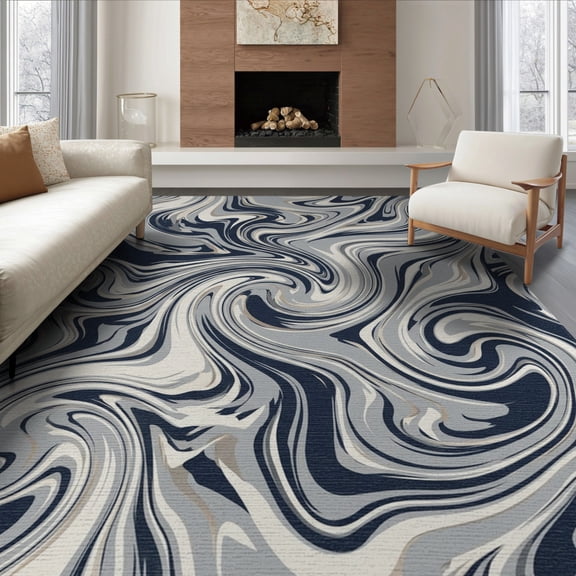 ODIKA 8'x10' Washable Area Rug Non-Slip Chair-Friendly Mat Navy Deep Grey Tone Abstract Sophisticated Swirling Motifs That for Dining Room, Large Office, Lounge