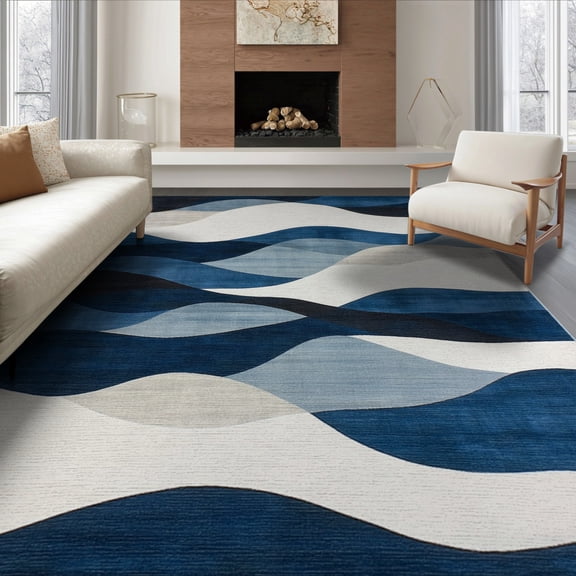 ODIKA 8'x10' Washable Area Rug Non-Slip Chair-Friendly Mat Navy Long Abstract Wave Design Modern Interlocking Brushstroke Motif for Dining Room, Large Office, Lounge