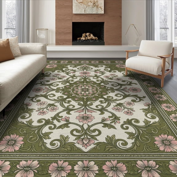 ODIKA 8'x10' Washable Area Rug Non-Slip Chair-Friendly Mat Neutral Scrolling Botanical Symmetrical Design Dusty Rose Decor for Dining Room, Large Office, Lounge