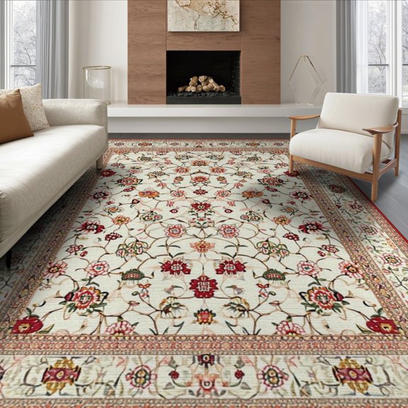 ODIKA 8'x10' Washable Area Rug Non-Slip Chair-Friendly Mat Neutral Vintage Allover Trellis Delicate Border Scroll Ornate for Dining Room, Large Office, Lounge