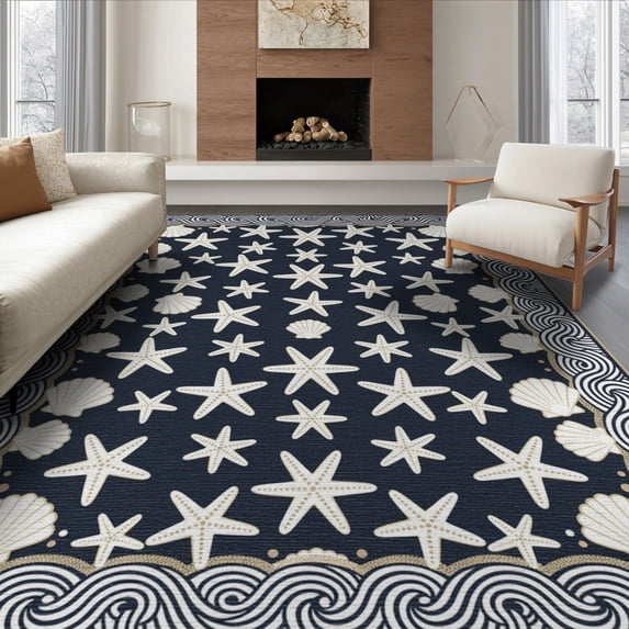 ODIKA 8'x10' Washable Area Rug Non-Slip Chair-Friendly Mat Ocean Nautical Wave Seashell Border Bathroom Coral Reef Starfish Flowing Dynamic for Dining Room, Large Office, Lounge