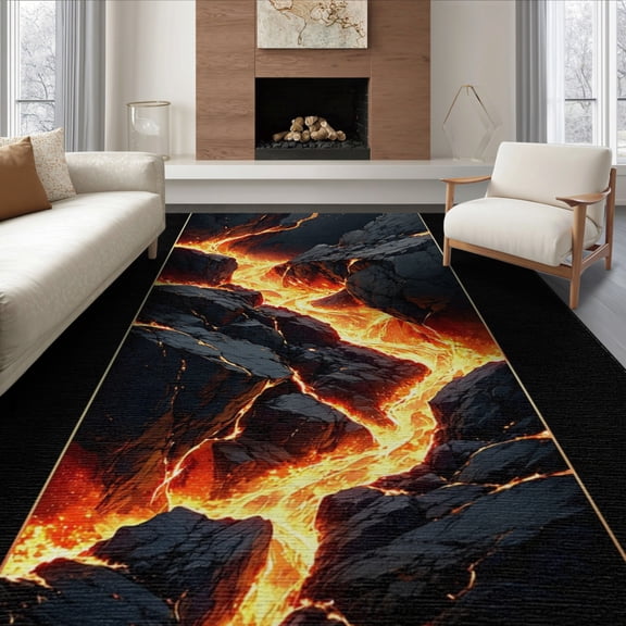 ODIKA 8'x10' Washable Area Rug Non-Slip Chair-Friendly Mat Optical Illusion Glowing Volcanic Rock Motif Hallway Molten Border for Dining Room, Large Office, Lounge
