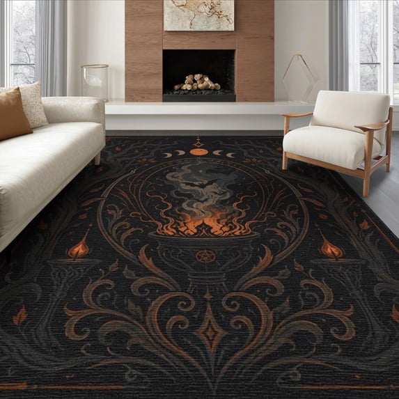 ODIKA 8'x10' Washable Area Rug Non-Slip Chair-Friendly Mat Orange Dark Charcoal Mystical Design Intricate Occult Motif with Celestial Symbols for Dining Room, Large Office, Lounge