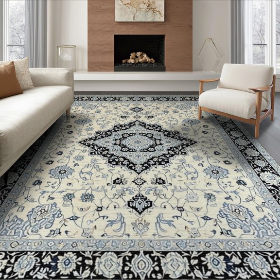 ODIKA 8'x10' Washable Area Rug Non-Slip Chair-Friendly Mat Oushak Medallion With Vintage Floral Scrollwork Ornamental Border for Dining Room, Large Office, Lounge