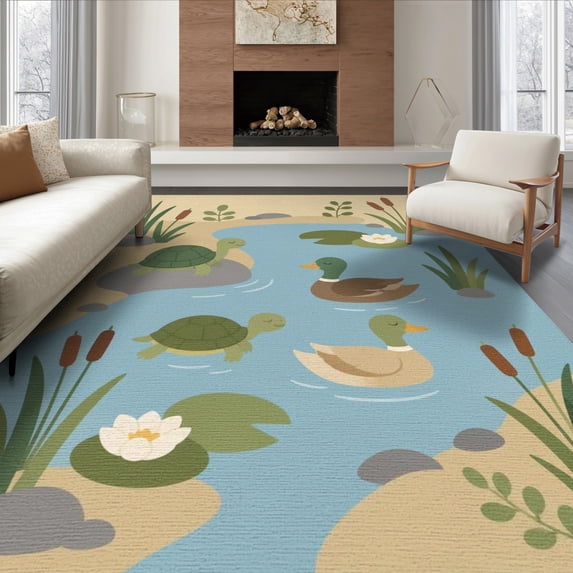 ODIKA 8'x10' Washable Area Rug Non-Slip Chair-Friendly Mat Pastel Pond with Ducks and Turtles Charming Wildlife Illustration Reeds for Dining Room, Large Office, Lounge
