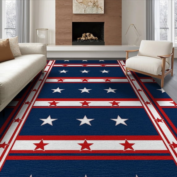 ODIKA 8'x10' Washable Area Rug Non-Slip Chair-Friendly Mat Patriotic Fourth July Independence Stars Stripes Halloween Plaid for Dining Room, Large Office, Lounge