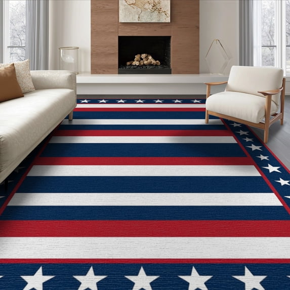 ODIKA 8'x10' Washable Area Rug Non-Slip Chair-Friendly Mat Patriotic Stripes Motif Farmhouse Border Independence July Door Refined for Dining Room, Large Office, Lounge