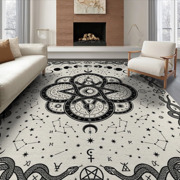 ODIKA 8'x10' Washable Area Rug Non-Slip Chair-Friendly Mat Phases Divination Mushroom Runway Round Gothic Astrology Snake Playful for Dining Room, Large Office, Lounge