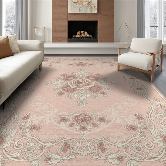 ODIKA 8'x10' Washable Area Rug Non-Slip Chair-Friendly Mat Pink Blush Throw Symmetrical Blooming Filigree Variegated Entryway for Dining Room, Large Office, Lounge
