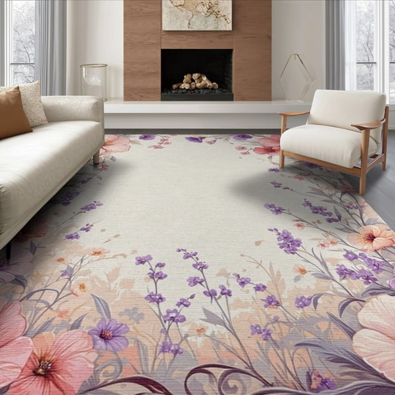 ODIKA 8'x10' Washable Area Rug Non-Slip Chair-Friendly Mat Pink Boho Vintage Trailing Wildflower Scroll Border Distressed for Dining Room, Large Office, Lounge