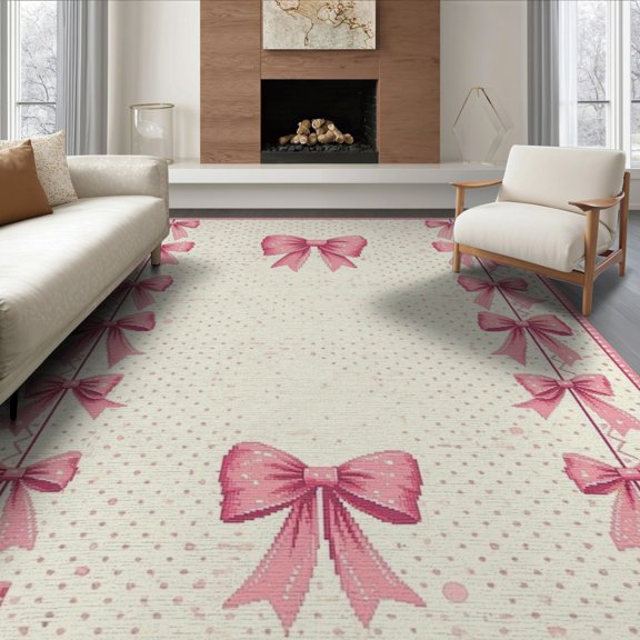 ODIKA 8'x10' Washable Area Rug Non-Slip Chair-Friendly Mat Pink Coquette Round Ribbon Motif Boho Border Center Seamless for Dining Room, Large Office, Lounge
