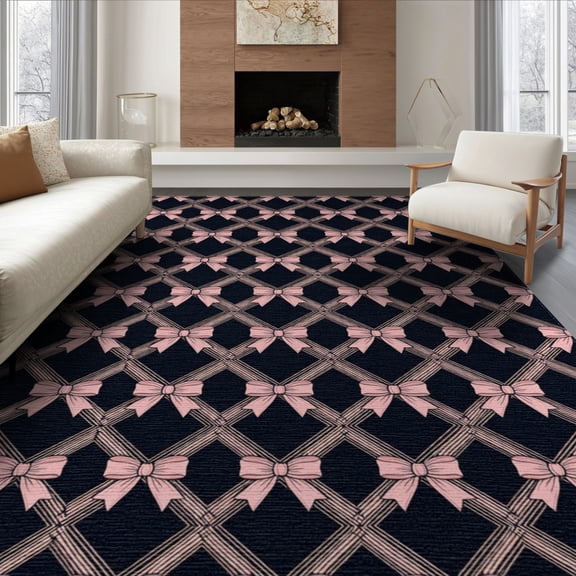 ODIKA 8'x10' Washable Area Rug Non-Slip Chair-Friendly Mat Pink Delicate Ribbon Themed Symmetrical Polka Dot Shaped for Dining Room, Large Office, Lounge