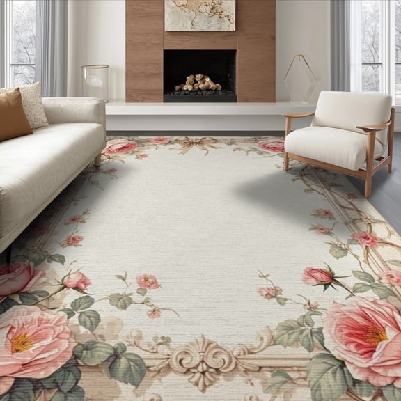 ODIKA 8'x10' Washable Area Rug Non-Slip Chair-Friendly Mat Pink Long Vintage Motif Coquette Sage Bathroom Runway Bedside for Dining Room, Large Office, Lounge