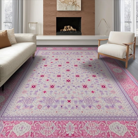 ODIKA 8'x10' Washable Area Rug Non-Slip Chair-Friendly Mat Pink Purple Checkered Scroll Border Boho Motifs Charm Bold Checkerboard for Dining Room, Large Office, Lounge