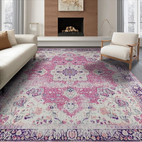 ODIKA 8'x10' Washable Area Rug Non-Slip Chair-Friendly Mat Pink Purple Distressed Petal Vine Botanical Transitional for Dining Room, Large Office, Lounge