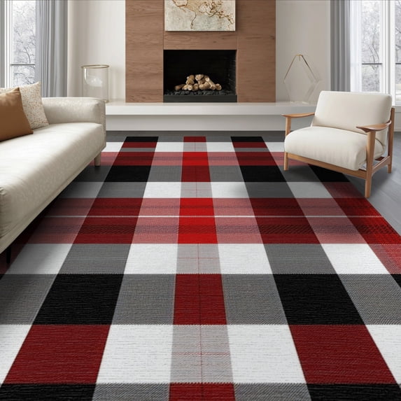 ODIKA 8'x10' Washable Area Rug Non-Slip Chair-Friendly Mat Plaid Bold Farmhouse Tartan Grid Checked Checkered Striped Christma for Dining Room, Large Office, Lounge