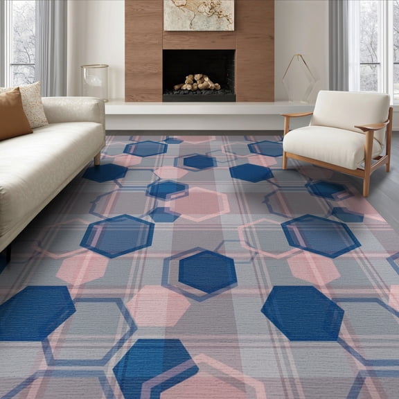 ODIKA 8'x10' Washable Area Rug Non-Slip Chair-Friendly Mat Plaid Grid Minimalist Lattice Geometric Abstract Honeycomb Hexagon Playful for Dining Room, Large Office, Lounge