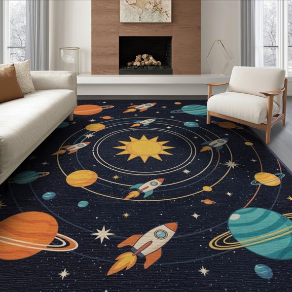 ODIKA 8'x10' Washable Area Rug Non-Slip Chair-Friendly Mat Playroom Cosmic Motifs Bodies Science Theme Classroom Themed for Dining Room, Large Office, Lounge