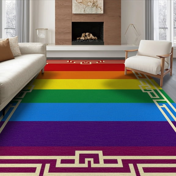 ODIKA 8'x10' Washable Area Rug Non-Slip Chair-Friendly Mat Pride Welcome Design With Bold Rainbow Stripe And Geometric Border for Dining Room, Large Office, Lounge
