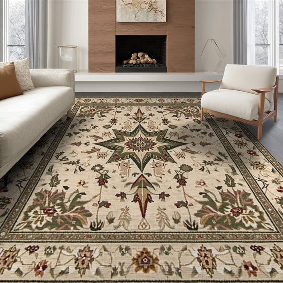 ODIKA 8'x10' Washable Area Rug Non-Slip Chair-Friendly Mat Primitive Vintage Farmhouse Scroll Distressed Border Folk Lettering for Dining Room, Large Office, Lounge