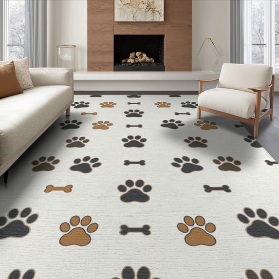 ODIKA 8'x10' Washable Area Rug Non-Slip Chair-Friendly Mat Print Bone Paws Shapes Distributed Covering Alfombra Para Perros for Dining Room, Large Office, Lounge