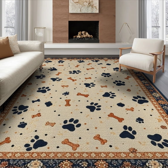 ODIKA 8'x10' Washable Area Rug Non-Slip Chair-Friendly Mat Print Paws Boho Scattered Bones Spotted Details Alfombra Para for Dining Room, Large Office, Lounge