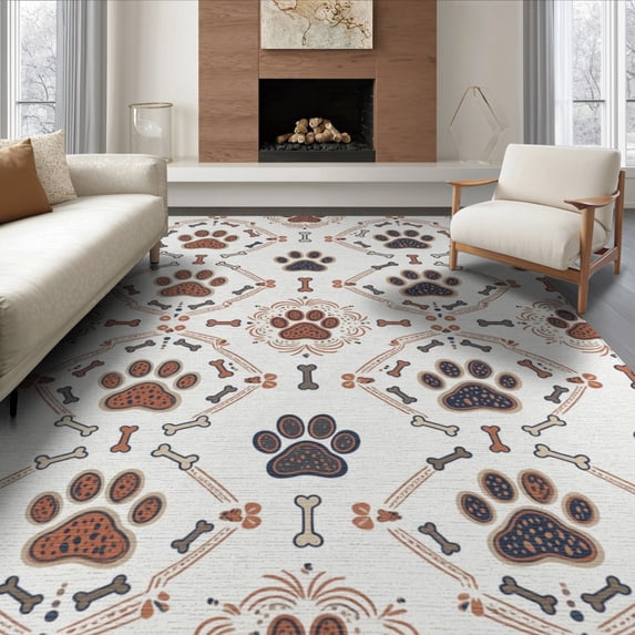 ODIKA 8'x10' Washable Area Rug Non-Slip Chair-Friendly Mat Print Paws Mixed Bones Spots Alfombra Para Perros Printed for Dining Room, Large Office, Lounge