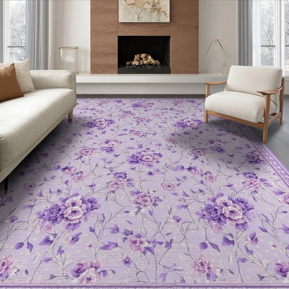 ODIKA 8'x10' Washable Area Rug Non-Slip Chair-Friendly Mat Purple Dotted Beige Tassel Border Decorative Pink Boho for Dining Room, Large Office, Lounge