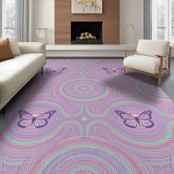 ODIKA 8'x10' Washable Area Rug Non-Slip Chair-Friendly Mat Purple Form Abstract Preppy Delicate Border Playroom for Dining Room, Large Office, Lounge