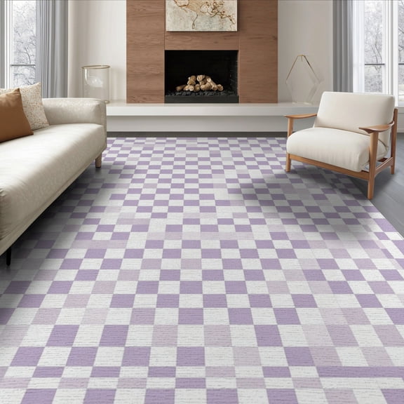ODIKA 8'x10' Washable Area Rug Non-Slip Chair-Friendly Mat Purple Plaid Alternating Squares Geometric Border Checkered Frame for Dining Room, Large Office, Lounge