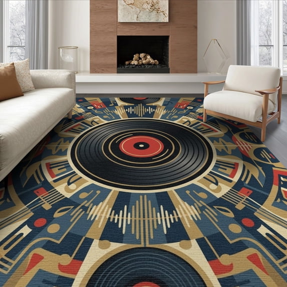 ODIKA 8'x10' Washable Area Rug Non-Slip Chair-Friendly Mat Record Abstract Vinyl Musical Themed Circle Spiral Grooves Shaped for Dining Room, Large Office, Lounge